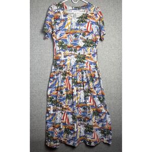 Vintage 90s/Y2K Talbots Blue Sailboat Nautical Midi Cotton Dress Pockets SMALL P